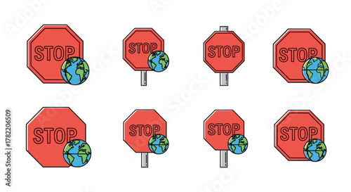 Set of eight minimalistic stop signs with a globe or earth icon, symbolizing environmental protection, global issues, or a call to action for sustainability. These vector cartoon illustrations are