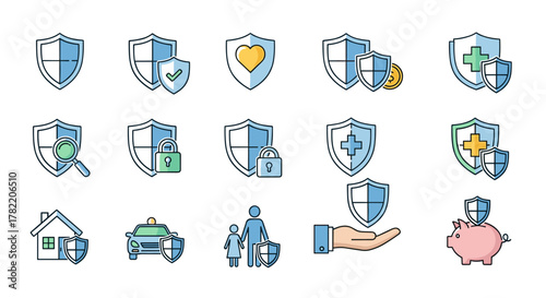 Collection of modern outline style icons representing various types of insurance and security, including shields, a heart, a magnifying glass, a padlock, a house, a car, a family, a hand, a piggy