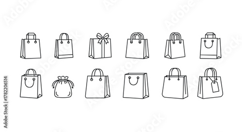 Collection of shopping bags and gift bags in outline style, featuring various designs like handles, drawstrings, and bows, perfect for graphic and web design, apps, adverts, and various cards