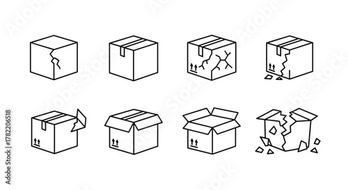 Set of simple linear icons depicting damaged and open cardboard boxes, representing shipping issues, broken packages, and delivery problems. These minimalistic vector illustrations are perfect for