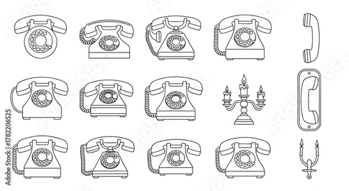 Collection of vintage rotary dial telephones and related communication icons, presented as clean outline vector illustrations. This bundle includes various phone models, handset designs, and
