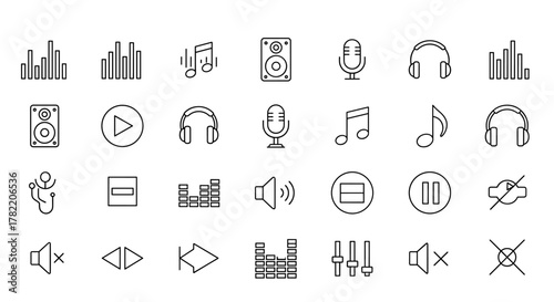 Collection of 30 audio line icons, including sound waves, speakers, microphones, musical notes, headphones, volume controls, playback buttons, and equalizer bars, all with editable strokes for