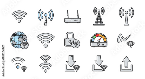 Collection of outline icons representing WiFi and router technology, including signal strength indicators, global connectivity, secure networks, speed tests, download and upload symbols, and