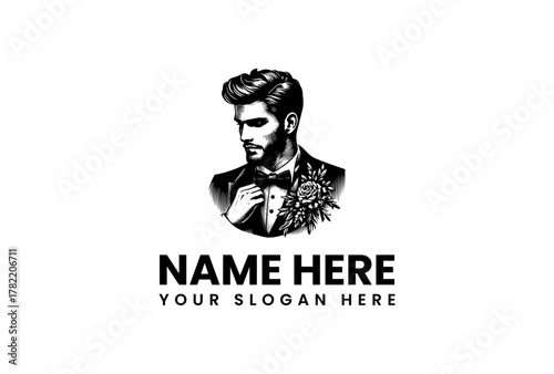 Monochrome vector logo of a dapper gentleman with a beard and stylish hair, wearing a tuxedo with a floral boutonnière. Classic male portrait icon for a business