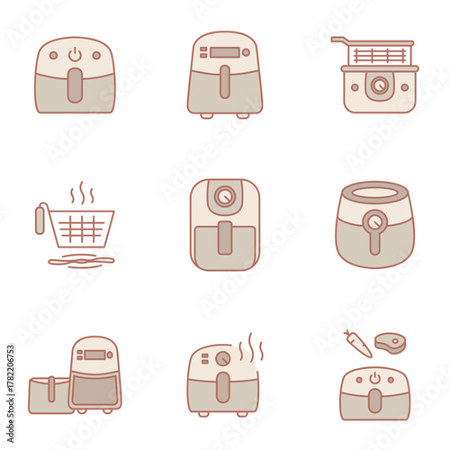 Air fryer icons, airfryer filled line symbols, cooking machine pictograms
