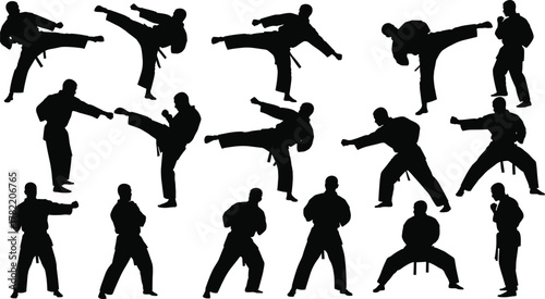 Silhouette martial artists, dynamic action poses, black outline figures, traditional uniform stances, minimal vector design, combat gesture concept, physical discipline illustration