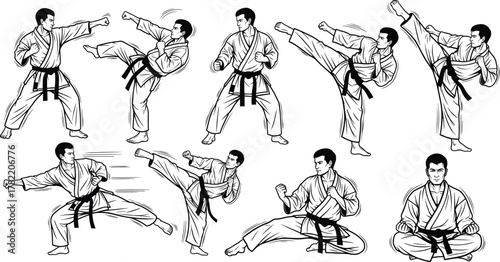 Silhouette karate techniques, martial artist poses, black outline figures, traditional gi stances, minimal vector design, combat gesture concept, dynamic movement illustration