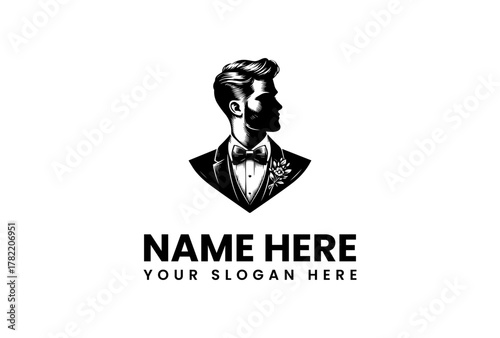 Classic gentleman logo design featuring a dapper man in a bow tie and tuxedo. Black and white vector silhouette of a bearded male with a stylish haircut for branding. 69