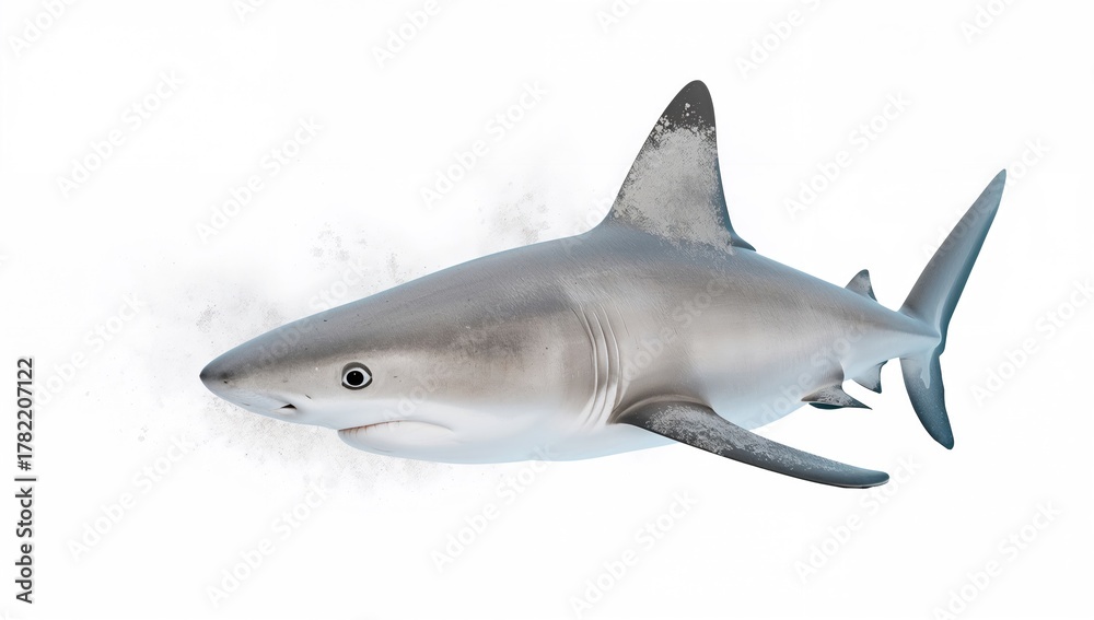 Fototapeta premium Caribbean Reef Shark displayed against a white backdrop, highlighting marine biodiversity