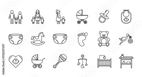 A comprehensive collection of line icons representing family, babies, and parenthood, including icons for parents, pregnant mothers, children, strollers, diapers, pacifiers, baby bibs, rocking