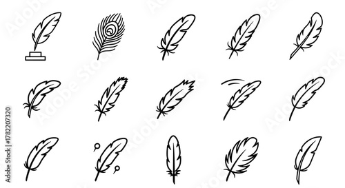Collection of simple, isolated line icons representing various feathers, including a quill pen with an inkwell and a peacock feather, suitable for web, books, cards, and apps, presented as editable