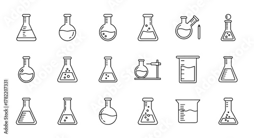 Set of laboratory flasks and beakers in outline style, representing scientific experiments, chemical research, and laboratory equipment. This versatile bundle includes various flask shapes like
