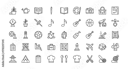 A comprehensive collection of thin line icons representing various hobbies and recreational activities, presented in a clean, black vector illustration on a white background, perfect for diverse