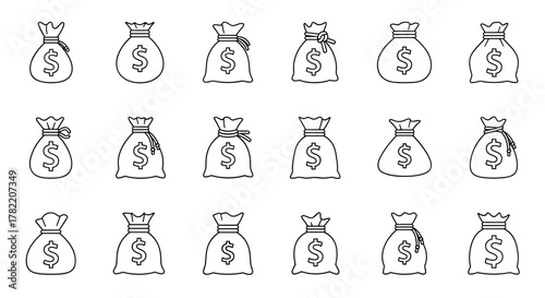 Collection of outline money bag icons with dollar signs, featuring editable strokes, perfect for infographics, articles, books, flyers, and banners, presented as a vector cartoon illustration with a