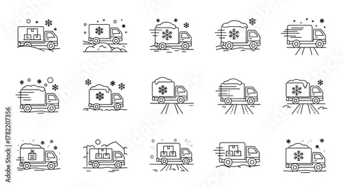 Set of modern outline style icons depicting delivery trucks in snowy conditions, suitable for design elements, cards, apps, and social networks, presented as vector cartoon illustrations on a white