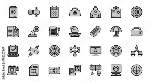 A collection of minimalistic outline icons designed for web and graphic design, apps, banners, social networks, and cards, featuring a frozen fish, a calendar, a briefcase, a gear, a document, a