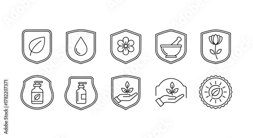 Collection of natural cosmetics vector badge logo icons set, featuring a leaf, water drop, flower, mortar and pestle, tulip, potion bottles, and hands holding plants, presented as a clean, ordered