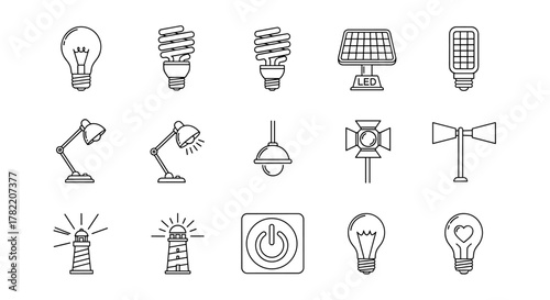 Collection of simple line art icons representing various light sources and related technology, including incandescent bulbs, energy-saving CFLs, modern LEDs, desk lamps, pendant lights, spotlights