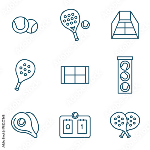 Padel icons, racket sport line symbols, padel tennis pictograms