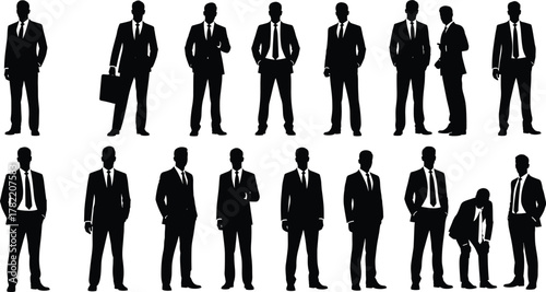 Silhouette men standing, business suit poses, black outline figures, formal attire group, posture variation, minimal vector design, professional gesture concept