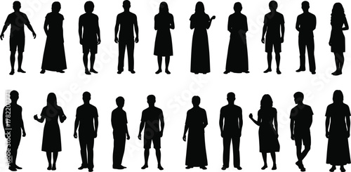Silhouette people standing, diverse human poses, black outline crowd, mixed gender group, minimal vector design, posture variation, gesture concept, social identity