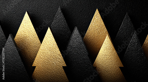 Modern Christmas background featuring a forest of abstract black and gold trees. Luxurious, elegant, and festive design with geometric shapes and rich textures.