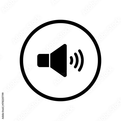 Sound volume speaker icon with radiating waves inside a circle, simple black flat design for audio control and multimedia interface