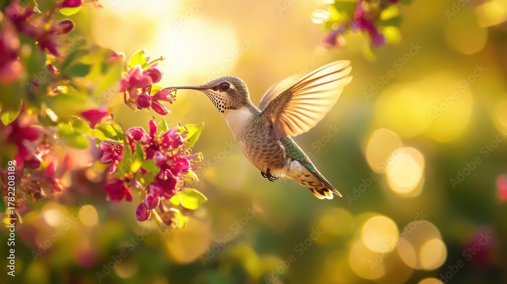 Fototapeta premium A tiny hummingbird hovers in midair, its long beak sipping nectar from a vibrant pink flower in a sundrenched garden