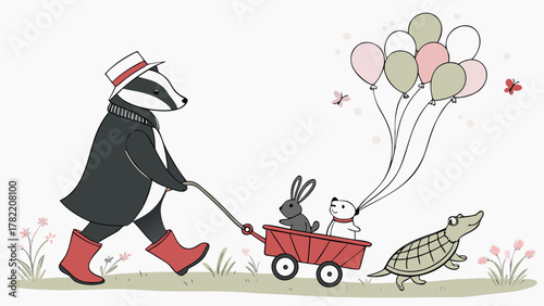 Dapper Badger Pulling Wagon with Rabbit and Puppy, Followed by Turtle with Balloons | Cute Animal Parade