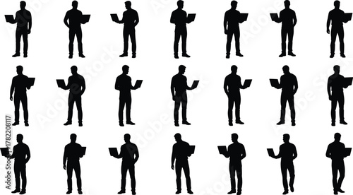 Silhouette people with laptops, standing poses, black outline figures, tech posture variation, minimal vector design, digital device concept, modern work style