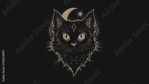 Black cat illustration with mystical elements, suitable for Halloween themes