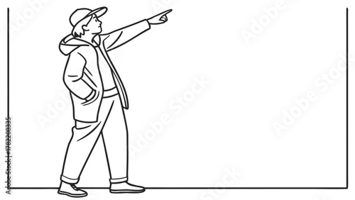 Direction and Guidance: A figure in casual wear, clad in a jacket and cap, confidently points towards the horizon with a gesture of guidance, creating anticipation and an invitation to look forward.