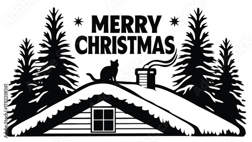 Silhouette of a cat sitting on a snowy roof with pine trees and merry christmas text