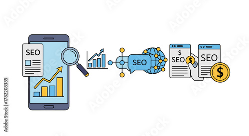 Search Engine Optimization (SEO) process illustrated with a smartphone, magnifying glass, growth charts, global network, and money icons, representing digital marketing strategy and online business