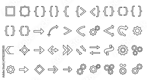 Collection of outline icons featuring brackets, arrows, and gears, perfect for infographics, articles, books, flyers, and banners. This editable stroke vector cartoon illustration set offers