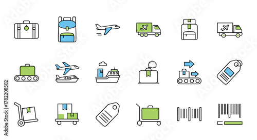 A vibrant collection of thin icons representing baggage and parcel transportation, featuring editable strokes. This versatile set is suitable for websites, books, cards, and apps, offering a clean
