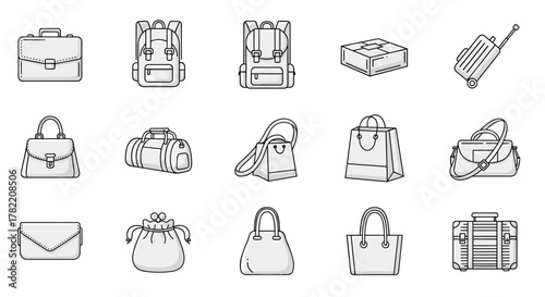 Collection of line art icons representing various bags and luggage, including a briefcase, backpack, package, duffel bag, handbag, tote bag, clutch, coin purse, shopping bag, messenger bag, and