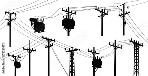Utility pole silhouette vector set, electrical transformer illustration, power line infrastructure design, energy distribution system, industrial electricity network flat vector