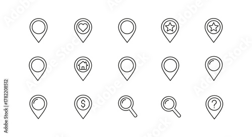 Collection of minimalistic linear map pin icons, featuring diverse symbols like hearts, stars, houses, dollar signs, magnifying glasses, and question marks, perfect for web design, app interfaces