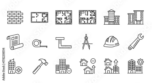 A comprehensive collection of outline icons representing construction, architecture, and real estate, featuring elements like brick walls, detailed floor plans, modern buildings, blueprints