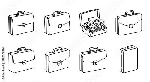 Collection of outline vector illustrations of briefcases, perfect for office work, business, and professional settings. Includes various styles, one open with documents, suitable for infographics