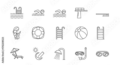 A collection of minimalistic linear pictograms representing swimming pool elements, perfect for web and graphic design, apps, banners, social networks, and cards. This vector set includes icons for