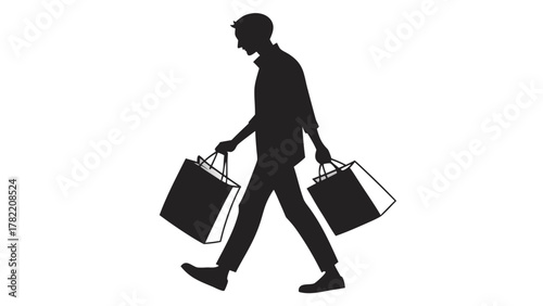 Shopping Silhouette: A lone figure, walking with purpose, carries shopping bags. A minimalist and elegant monochrome scene of modern lifestyle.