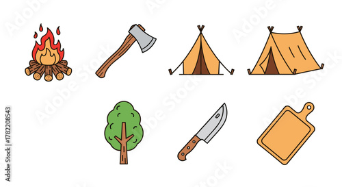 Collection of cartoon-style line icons representing camping and outdoor activities, including a bonfire, axe, two tents, a tree, a knife, and a cutting board, perfect for infographics, articles