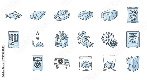 Collection of stylized, hand-drawn line icons representing frozen fish and seafood products, including whole fish, steaks, shrimp, fish sticks, french fries, ice blocks, a fishing hook, a freezer