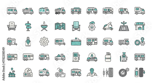 Collection of Truck and Motor Home Related Line Icons: Outline Signs for Graphic and Web Design, Apps, Advertisements, Various Cards, Vector Cartoon Illustration Set, Featuring Campers, Dump Trucks