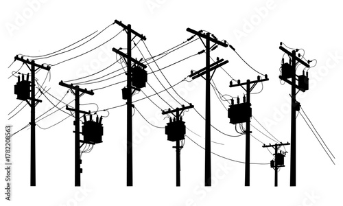 UntitleElectrical utility poles with transformers, power lines, insulators, crossarms, distribution system infrastructure, energy grid network illustration, silhouette design, flat vectord-4