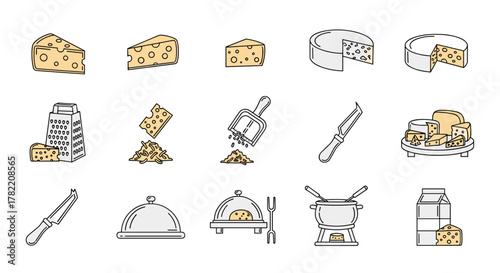 A vibrant collection of minimalistic linear outline icons representing various cheese types and related accessories, perfect for web and graphic design, apps, banners, social networks, and cards