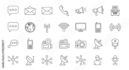 Communication icons pack, thin line icons set, flat icon collection set, simple vector icons, ordered line icon set on white background, featuring speech bubbles, envelopes, telephones, megaphones