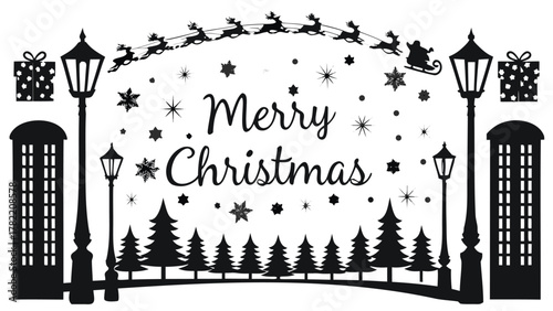 Merry christmas silhouette scene with santa sleigh reindeer streetlights and festive decorations